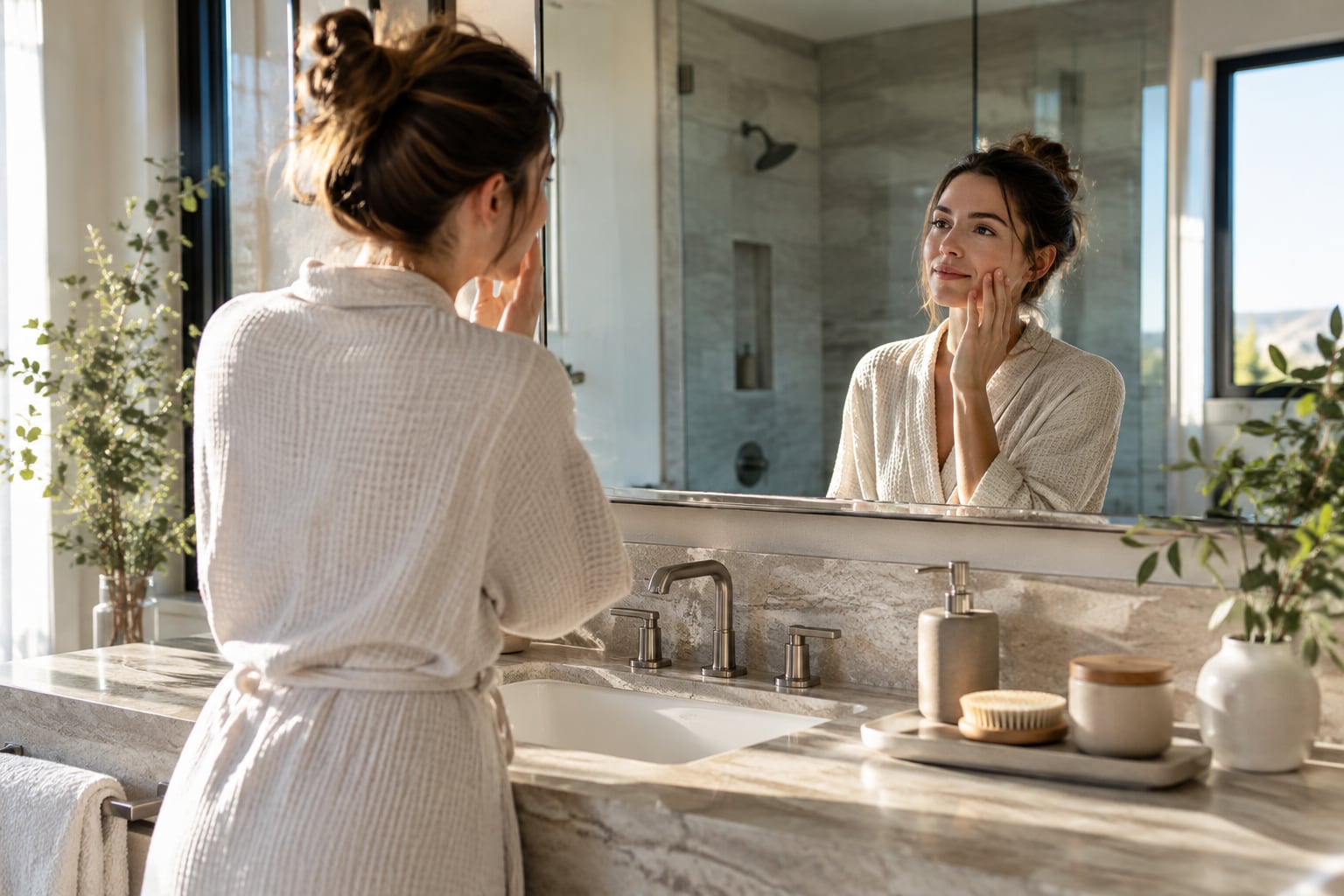 Early morning light on a stone vanity beneath a clear mirror